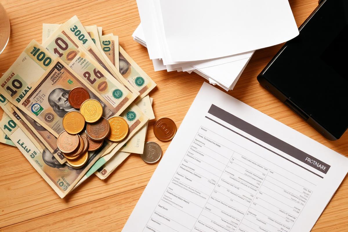 Calculadora, caneta e planilha financeira sobre mesa, simbolizando cálculo de custo de digitalização